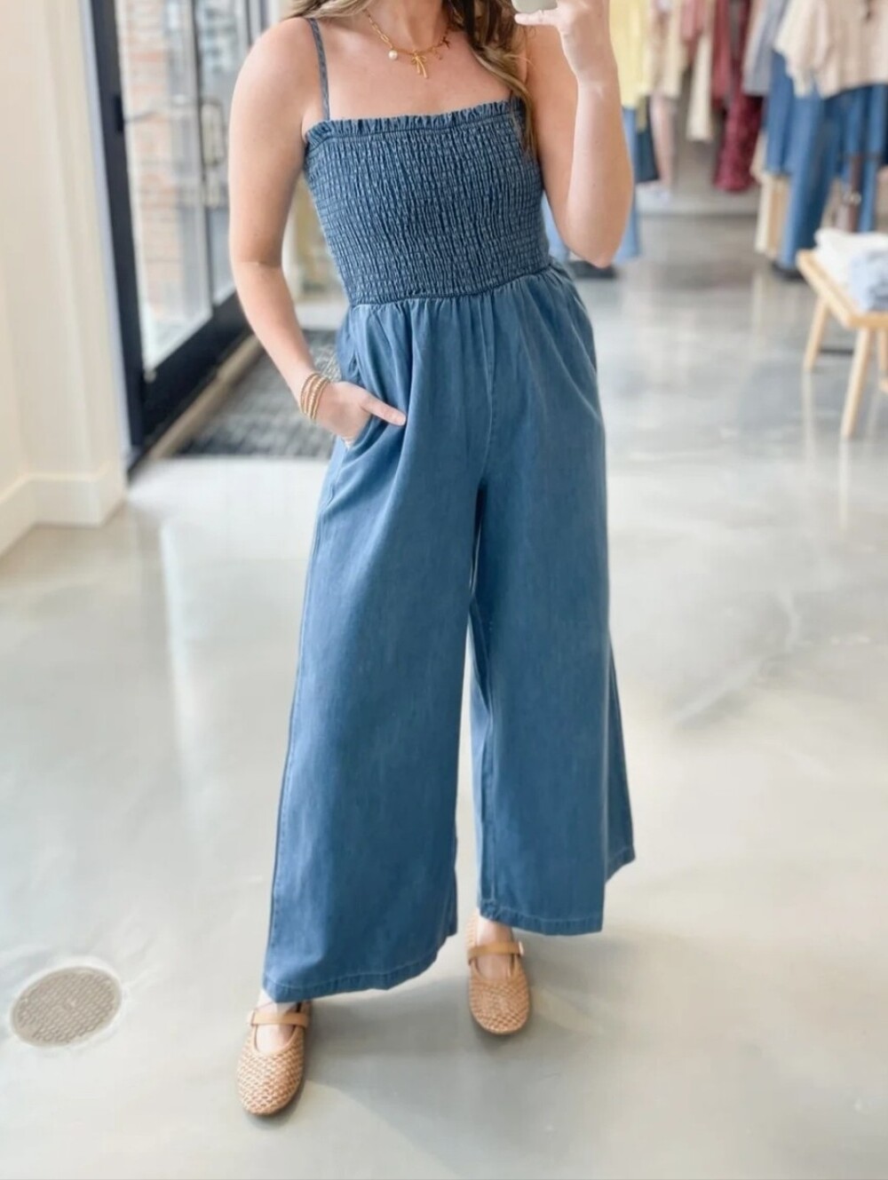 Stich and Feather Smocked Denim-Look Wide Leg Jumpsuit - Slate Blue